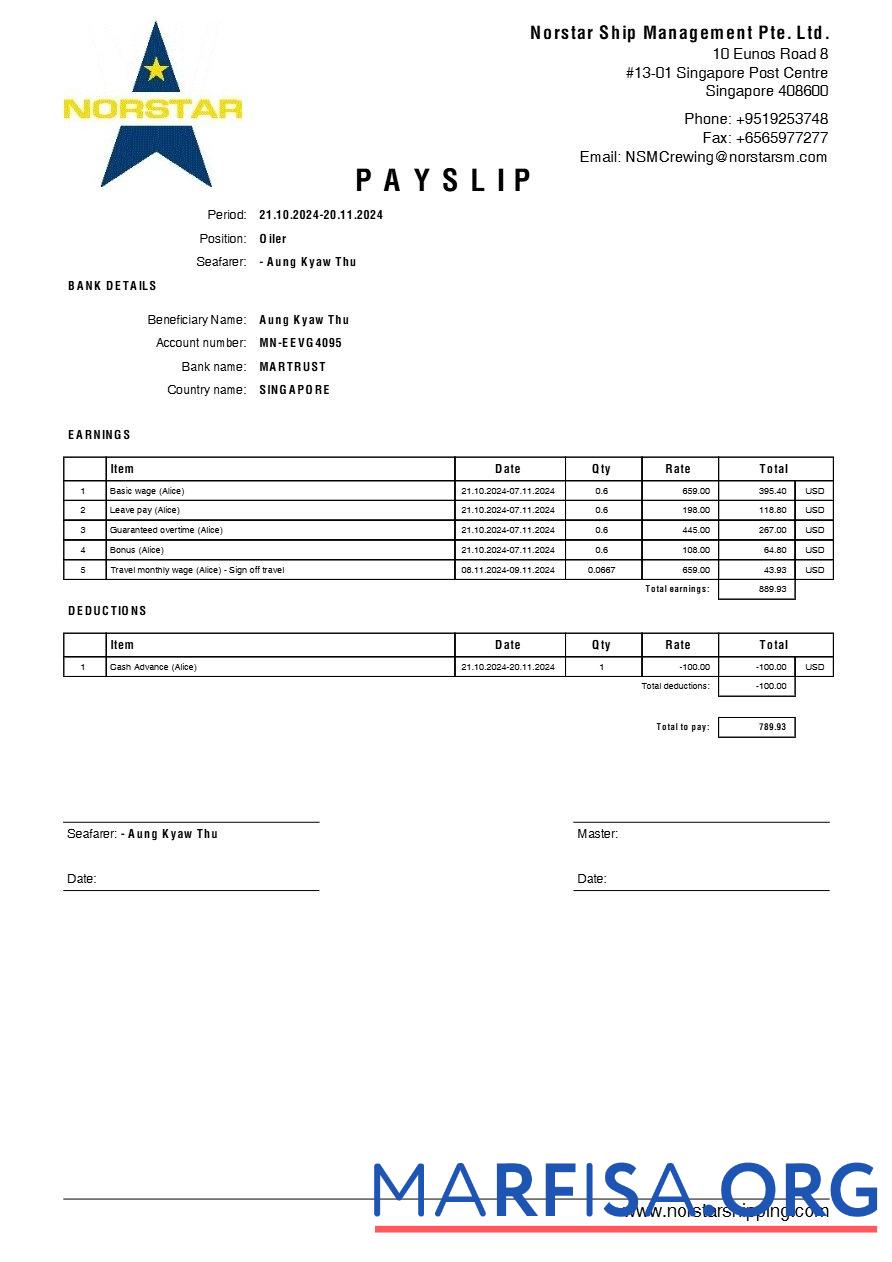 Downloadable Norstar Ship Management payslip template